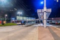 Night view of bus and tram stop at Ostrava hlavni nadrazi railway station Royalty Free Stock Photo