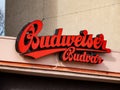 Red emblem of the Czech brewery Budweiser Budvar on a pub