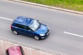 Blue Skoda Fabia II vehicle after facelift with motion blur effect in top view Royalty Free Stock Photo