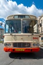 Ostrava, Czechia - 05.28.2022: Full frontal low angle shot of old vintage Karosa bus in veteran rallye on a beautiful