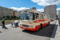 Ostrava, Czechia - 05.28.2022: Low angle frontal lshot of old vintage Karosa bus in veteran rallye on a beautiful sunny