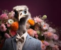 Ostrich bird in smart suit, surrounded in a surreal garden full of blossom flowers floral landscape. advertisement