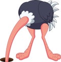 Ostrich cartoon hiding its head in the hole