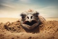 Ostrich in the desert at sunset, 3d illustration, A scared ostrich burying its head in the sand concept, AI Generated Royalty Free Stock Photo