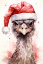Ostrich domestic animal in christmas santa claus hat watercolor art. Christmas Ostrich illustration for children book.