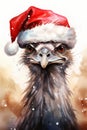 Ostrich domestic animal with santa claus hat watercolor illustration. Christmas Ostrich illustration for children book.