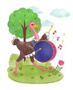 Ostrich is drumming in garden . Realistic watercolor paint with paper textured . Cartoon character design . Vector