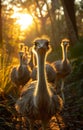 Ostrich family walking in the forest at sunset Royalty Free Stock Photo