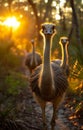 Ostrich family walking on the road at sunset. Ostrich farm Royalty Free Stock Photo