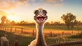 Happy Ostrich On Fence In Lush Corn Field - Playful Caricature Art