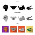 Ostrich, koala, rhinoceros, crocodile, realistic animals set collection icons in black, flat, monochrome style vector