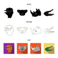 Ostrich, koala, rhinoceros, crocodile, realistic animals set collection icons in black,flat,outline style vector symbol