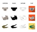 Ostrich, koala, rhinoceros, crocodile, realistic animals set collection icons in cartoon,black,outline,flat style vector