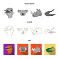 Ostrich, koala, rhinoceros, crocodile, realistic animals set collection icons in flat,outline,monochrome style vector