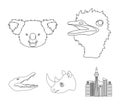 Ostrich, koala, rhinoceros, crocodile, realistic animals set collection icons in outline style vector symbol stock