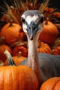 An ostrich standing in front of a pile of pumpkins. Generative AI image.