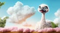 Charming Ostrich Flying In The Clouds - Cartoon Character Illustration