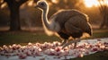 Emu Chick Walking Through a Field of Delicate Pink Magnolia Flowers in the Sunset Royalty Free Stock Photo