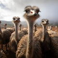 Ostriches grace the farm, misty clouds adding to the ambiance