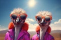 Ostriches in sunglasses and bright jackets