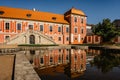Ostrov,Czech Republic-October 10,2021.Chateau built in Baroque style surrounded by beautiful park with fountains,ponds and