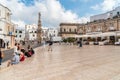 The central square with the column of Saint Oronzo in the historic center of Ostuni, province of Brindasi, Puglia