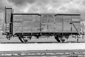 Oswiecim, Poland - April 7, 2018: Black and white image of lone train cab in Auschwitz concentration camp