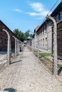 Electrified barbed-wire double-fence at Auschwitz I, Former German Nazi Concentration and Extermination Camp Royalty Free Stock Photo