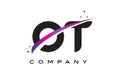 OT O T Black Letter Logo Design with Purple Magenta Swoosh