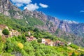 Ota town with the mountains in the background near Evisa and Porto, Corsica, France