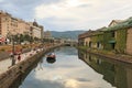 Otaru, historic canal and warehousedistrict in Hokkaido, Japan, with many tourists walking by Royalty Free Stock Photo