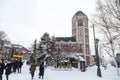 Otaru, Japan, January 28, 2018: The Le Tao Clock Tower with chiming bells is the home of Le Tao, the famous chocolate boutique