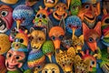 Colourful carved traditional woos masks in the Otavalo artisan market Ecuador