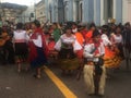 Otavalo, Ecuador: 29-6-2019: festival with colorful indigenous clothes celebrating a won battle in the sierra of ecuador