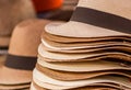 OTAVALO, ECUADOR - MAY 17, 2017: Close up of a handmade Panama Hats at the craft market in Otavalo, Ecuador Royalty Free Stock Photo