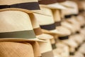 OTAVALO, ECUADOR - MAY 17, 2017: Handmade Panama Hats at the craft market in Otavalo, Ecuador Royalty Free Stock Photo