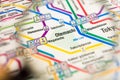 Otemachi Tokyo metro station on a printed paris metro map under a magnifier lens Royalty Free Stock Photo