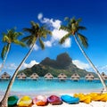 Otemanu mountain, inclined palm trees and bright canoes on the beach. Island Bora Bora, Tahiti.