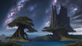 Otherworldly Arboreal Oasis: HD Wallpaper Showcasing Rooted Tree in Cosmic Ambiance