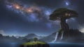 Otherworldly Arboreal Oasis: HD Wallpaper Showcasing Rooted Tree in Cosmic Ambiance