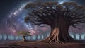 Otherworldly Arboreal Oasis: HD Wallpaper Showcasing Rooted Tree in Cosmic Ambiance