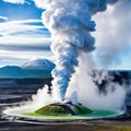 An otherworldly background featuring steam rising from geothermal vents in a volcanic with a geothermal power plant in the