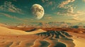 Otherworldly 3D desert showcases oversized sand dunes beneath a spectacularly huge moon, evoking a surreal and mystical