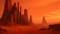 Fictional alien desert with glowing orange sky, red terrain, tall rock formations, and sci-fi structures Royalty Free Stock Photo