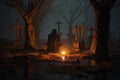 Otherworldly devotion Praying in a spooky forests haunting graveyard scene Royalty Free Stock Photo