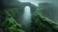 An otherworldly gateway of mossy rocks and swirling mist radiating an alluring energy that entices the brave to step Royalty Free Stock Photo