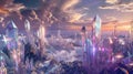 An otherworldly landscape filled with towering crystal structures representing the final stage of the alchemical