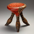 Otherworldly Stool: Wood And Iron With Red And Black Top