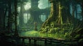Otherworldly Swamp Ruins. Secrets Concealed Among Giant Trees. Generative AI Royalty Free Stock Photo