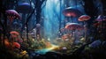 An otherworldly technicolor dreamscape with floating orbs, translucent creatures, and glowing plants forest by AI generated